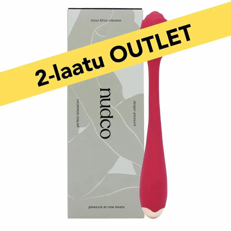 Nudco Lotus Bliss vibraattori in red with sleek design and packaging, featuring 2nd quality outlet label.
