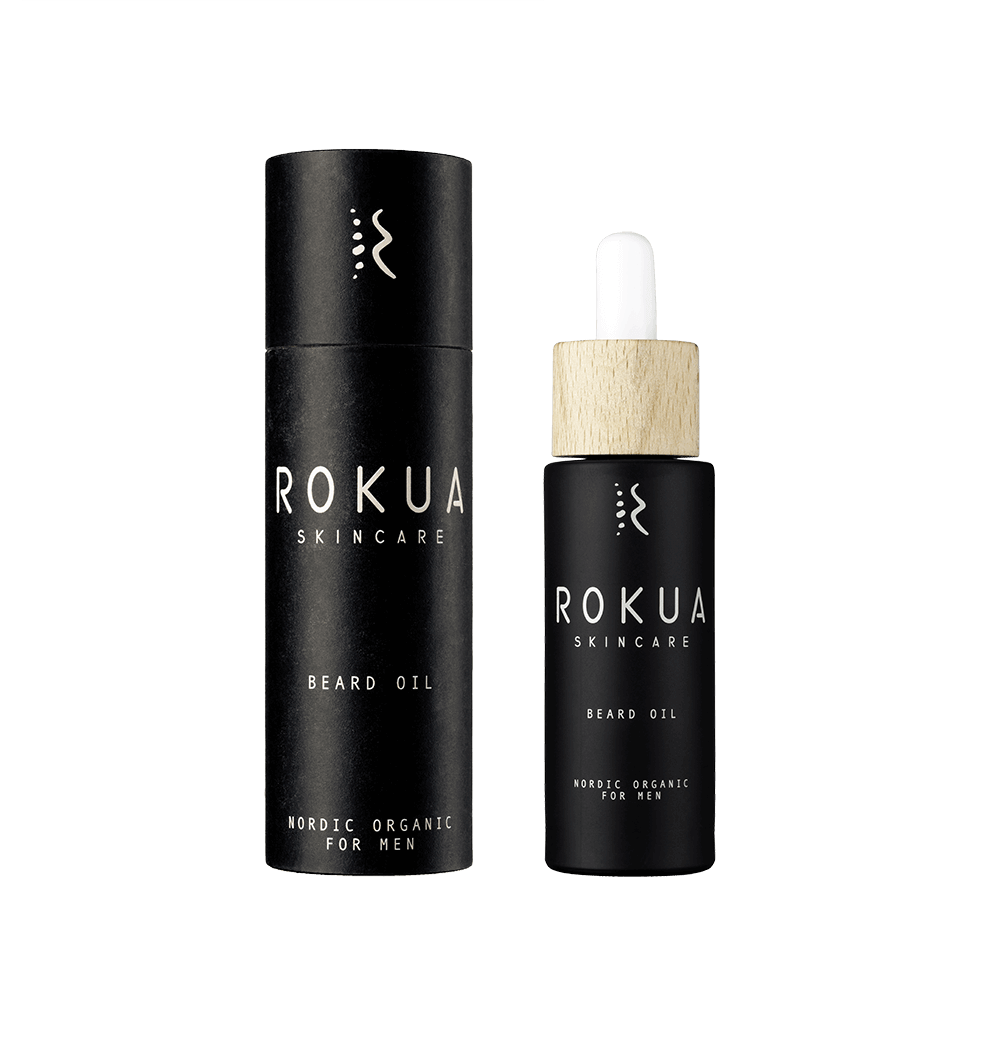 Rokua Partaöljy natural vegan beard oil with blackcurrant and sunflower seed oils for softening and nourishing coarse beard hair and skin.