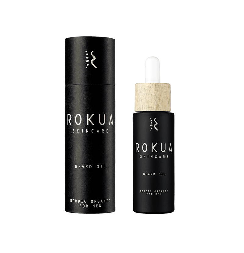 Rokua Partaöljy natural vegan beard oil with blackcurrant and sunflower seed oils for softening and nourishing coarse beard hair and skin.
