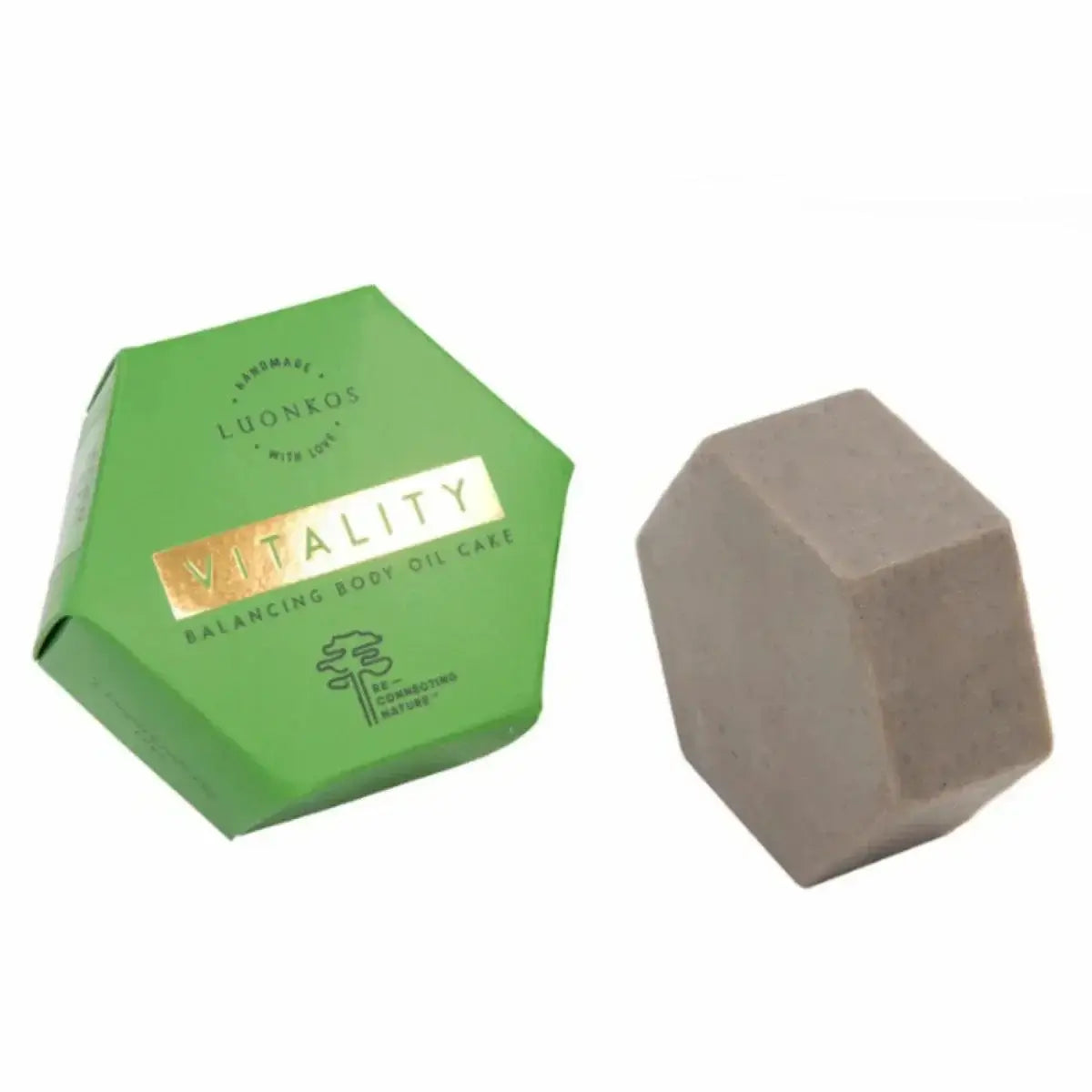 Vitality balancing body oil cake by Luonkos with hexagonal green packaging and solid body oil bar for moisturizing and soothing sensitive skin